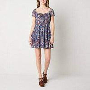 BY&BY WOMEN'S SHORT SLEEVE FLORAL FIT + FLARE BLUE WHITE DRESS SIZE MEDIUM NEW